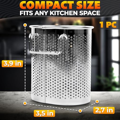 Image of Chopstick Dishwasher Basket 3.5x2.7x3.9 inch - Stainless Steel Chopstick Holder for Dishwasher with Hooks, Oval Design Rust-Resistant Perforated Utensil Caddy for Straws, Teaspoons & Small Kitchen Tools