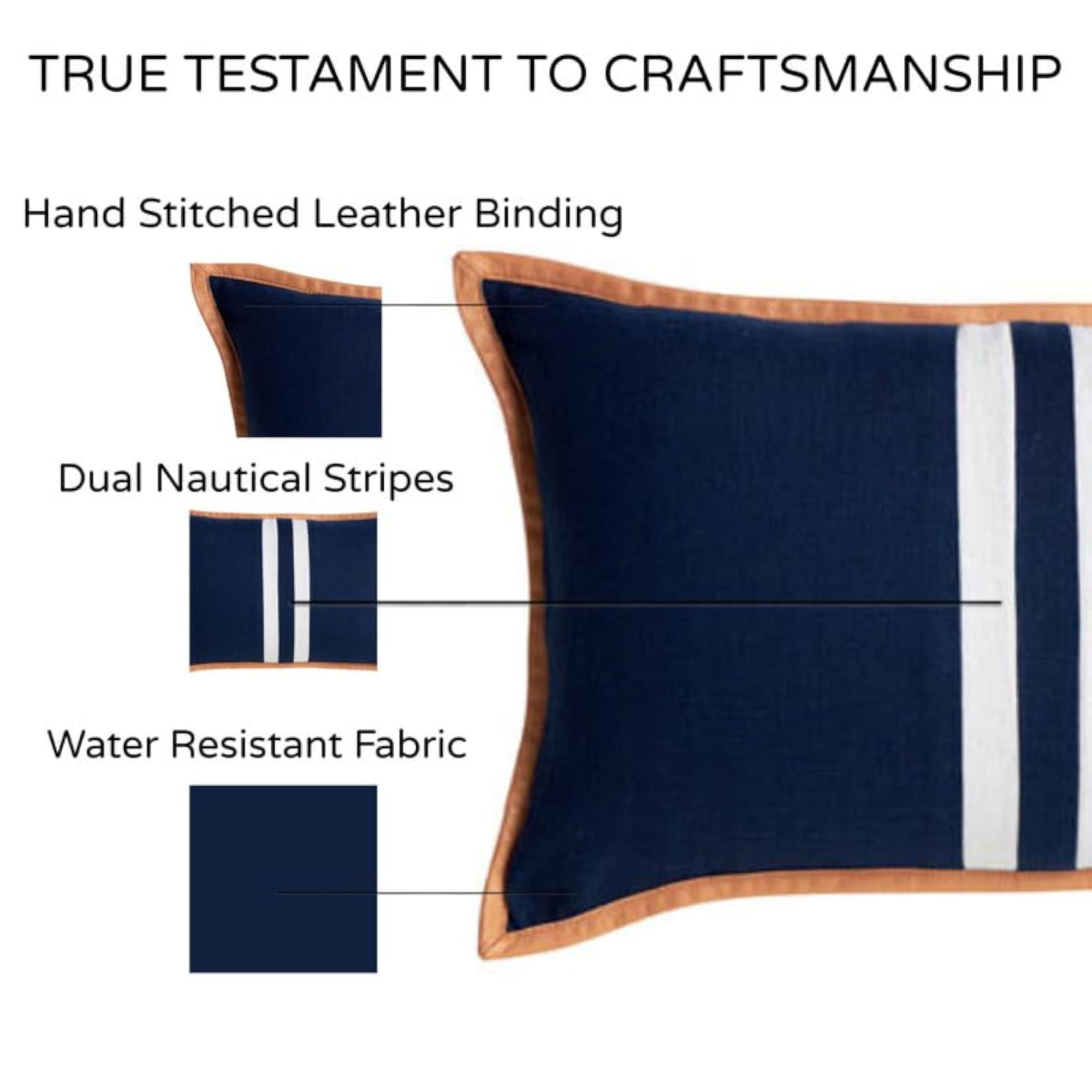 Navy Blue Cushion Cover with White Stripes & Leather Trim