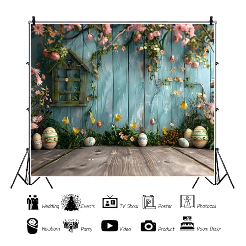 Leowefowa Easter Backdrop 10x8ft Spring Colorful Eggs Floral Plant Easter Photography Background Rustic Blue Wood Wall Rabbit Newborn Theme Kids Baby Shower Birthday Party Decor Photo Studio Props by Leowefowa - Image 6