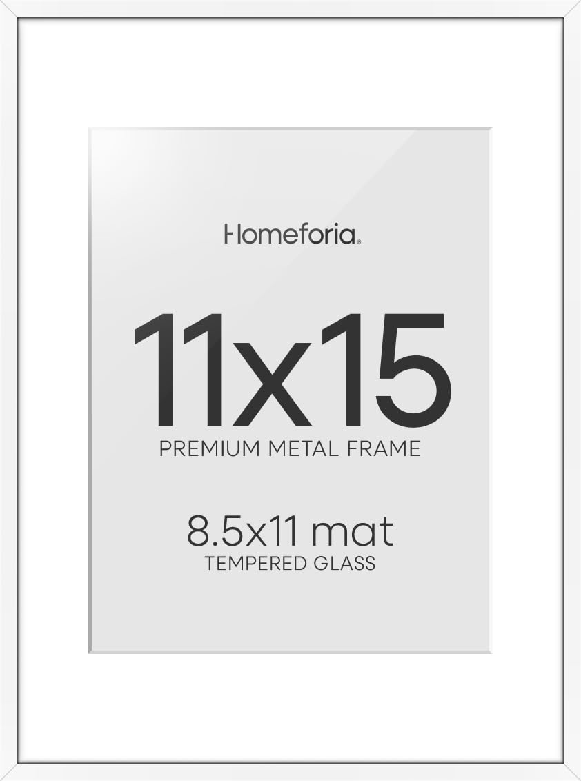Homeforia 11x15 White Picture Frame, High-End Metal, 8.5x11 Mat, Glass | High End Aluminum, Tempered Glass, Acid-Free 8.5x11 Removable Mat, 11x15 in Edge-to-Edge Display 15x11, Wall Kit, Set Of 1