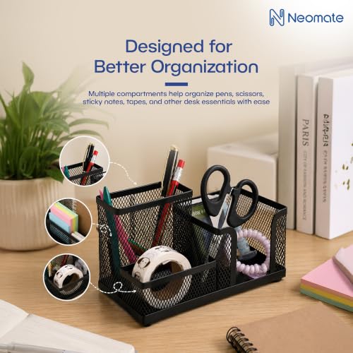 Image of Neomate Metal Mesh Desk Organizer Pen Stand with 3 Compartments - Keeps Pens, Scissors and Stationery Tidy for Office, Study Table and WFH Desk Setup (Black color)