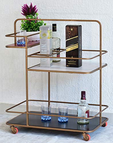 SamDecors Solid Wood Nora Multipurpose Bar Trolley with Wheels with Three Shelves in Red, White and Black Finish and Iron Frame in Golden Finish