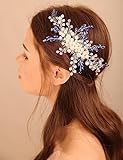 BERYUAN Wedding Blue Crystal Rhinestone Hair Comb Pearls Crystal Rhinstone Headpiece Pearls Wedding Headband Silver Bride Hair Accessory for Brides (blue)