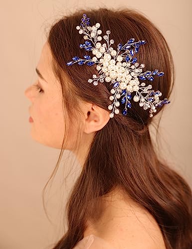 BERYUAN Wedding Blue Crystal Rhinestone Hair Comb Pearls Crystal Rhinstone Headpiece Pearls Wedding Headband Silver Bride Hair Accessory for Brides (blue)