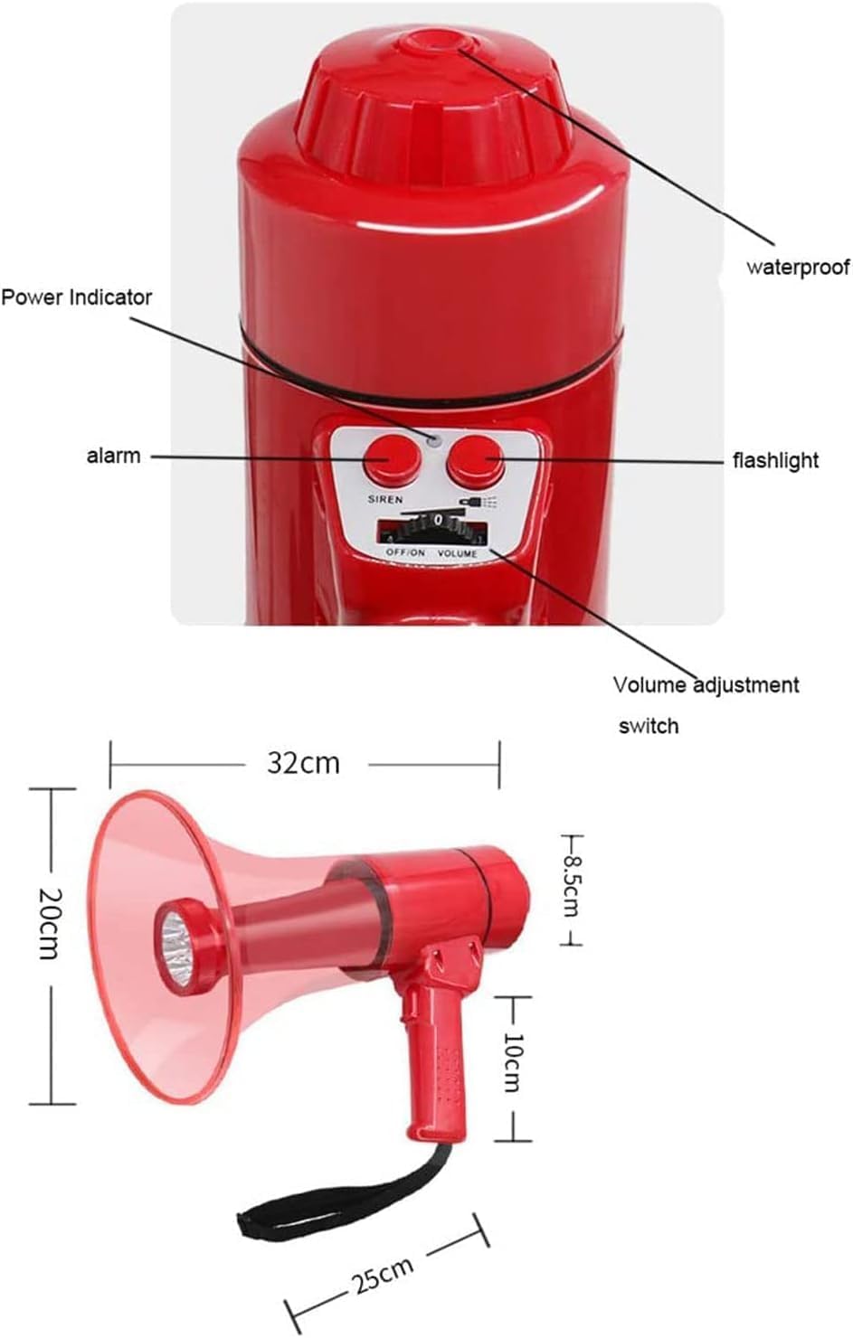 Altavoz Ventilador Megáfono Altavoz Megáfono De 20W con Linternas, Megáfono Portátil De Mano, Sirena Incorporada, Megáfono para Exteriores Altavoz Profesional