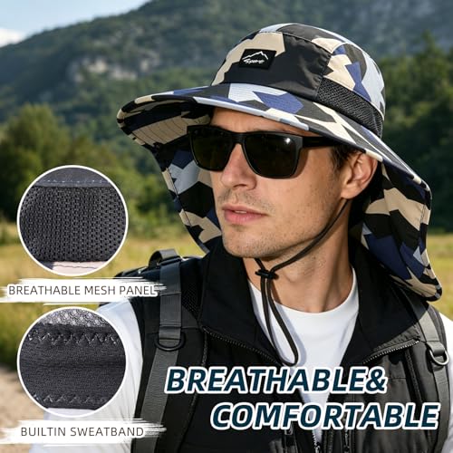 Image of Rosoz Outdoor Sun Hat for Men Women, UPF50+ Protection Safari Cap Wide Brim Mesh Fishing Hat with Neck Flap Beach Garden