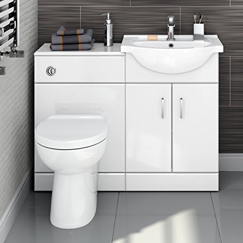 iBathUK 1048 Vanity Unit Furniture Set Wash Basin WC Toilet Pan Soft Close Toilet Seat Concealed Cistern Bathroom Storage Cabinet-White (Flat Pack)