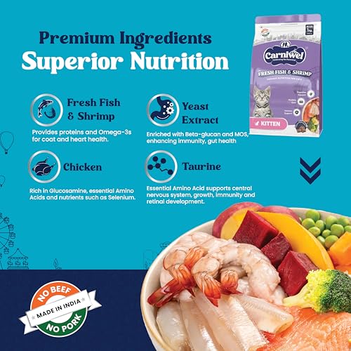 Image of Carniwel Fresh Fish & Shrimp Kitten Dry Cat Food 1 Kg | Fresh & Natural Ingredients | Highly Palatable | Supports Healthy Skin & Glossy Coat | Premium Nutrition