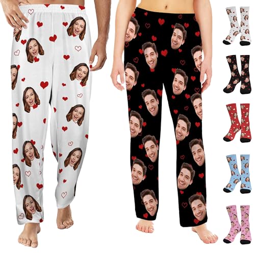 Personalized Pajama Pants with Photo Face for Women Men, Custom Valentine's Day Pj Pants Socks