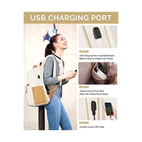 Matein School Backpack For Girls Fashion Anti Theft Tsa 17 Inch Laptop Backpack With Usb Charging Port Stylish Cute College Backpack Computer Bookbag Purse Gifts For Women Teens Work Travel Beige