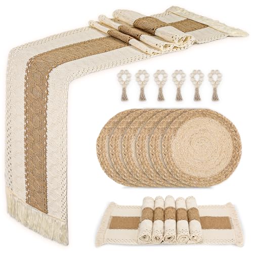Zology Ensemble de 6 sets de table avec assiettes de charge, sets de table, chemin de table et anneaux à serviette, en toile de jute de coton naturel et en...
