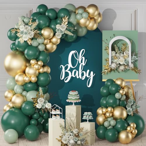 Kit de Arco de Globos Verde Oscuro Oro, 119pcs Guirnalda Globos Baby Shower Verde Oscuro Dorado con Globos Verde Salvia, Decoración Fiesta Cumpleaños Niños Verde Oscuro para Baby Shower Jungle Safari