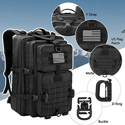 Image of Hannibal Tactical MOLLE Assault Backpack, Tactical Backpack Military Army Camping Rucksack, 3-Day Pack, D-Rings, Black with Gray Patch