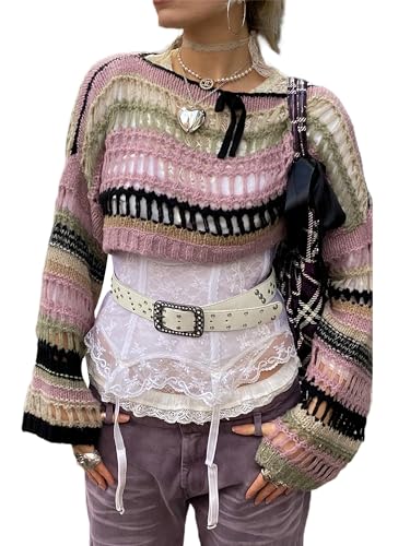 Image of Anuedgis Women's Y2k Cropped Crochet Jumper Long Sleeve Hollow Out Knitted Pullover Top Vintage Fairycore Grunge Streetwear Cover Up (A-Pink, S)