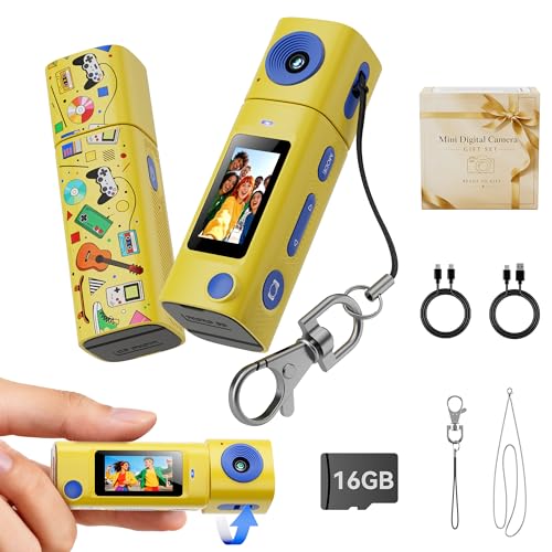 Mini Keychain Digital Camera:2K Digital Mini Camera with 16GB Card, Vintage Keychain Camera with 270° Rotating Lens, 400mAh Battery Portable Small Cameras with Elegant Gift Box for Travel,Kids,Gifts