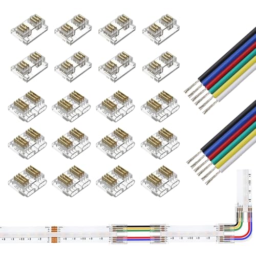 Silkwish 6-polige LED-strip connector kit - incl. 8x printplaat naar printplaat & 12x printplaat naar draad connector + 1m 24AWG 6-pins verlengkabel - soldeervrije LED strip connector voor 12mm LED