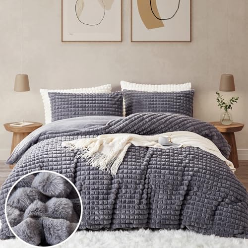 Tospass Housse de Couette Flanelle 220x240 2 Personnes Adulte Hiver Fausse Fourrure Polaire Chaude Gris Carreaux Parure de Lit Réversible Velours avec Fermeture Éclair avec 2 Taies d'oreiller 65x65cm