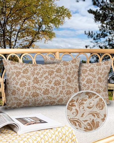 Orange Flower Leaf Outdoor Pillow Cover 12x20 Inch Cushion Sham Case, Waterproof Decorative Lumbar Throw Pillowcase for Outside Garden Patio Porch Couch Chair Tent Rustic Tribal Ethnic Bohemian