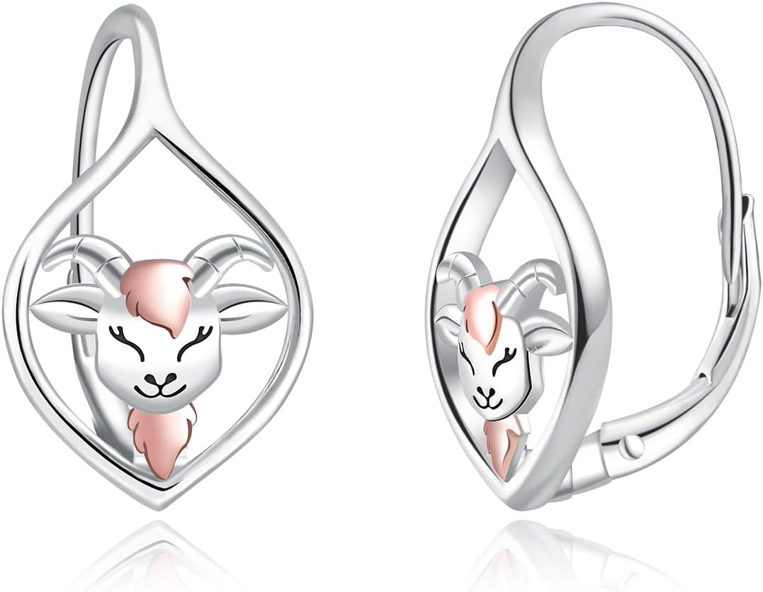 Cute Goat Leverback Earrings for Women - 925 Sterling Silver Hypoallergenic Animal Fram Goat Dangle Drop Earrings Lamb Jewelry Gifts for Daughter Mother