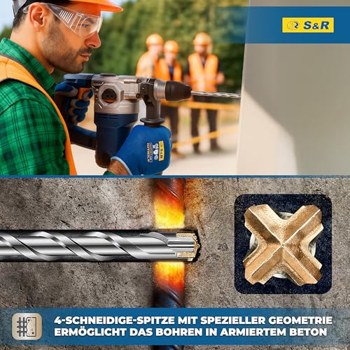 S&R Hammerbohrer, Steinbohrer/Betonbohrer SDS-Plus, Set 7-tlg (5-12mm) für Bohrhammer. Mit 4-Kant-Hartmetallspitze, Rundlaufgenauigkeit und Korrosionsschutz Beton, Ziegel, Natur- und Kunststein