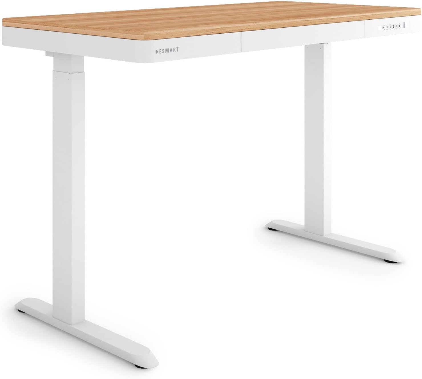 ESMART EMXS-121WM 120 x 60cm Decoración de Arce Escritorio ergonómico de pie o Sentado Ajustable eléctricamente en Altura de Forma 72-121 cm con cajón 4X Memoria 2X Puertos USB Arranque/Parada Suave