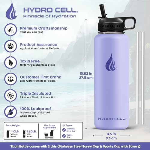 Image of HYDRO CELL Stainless Steel Insulated Water Bottle with Straw - For Cold & Hot Drinks - Metal Vacuum Flask with Screw Cap and Modern Leakproof Sport Thermos for Adults (Lilac 40oz)