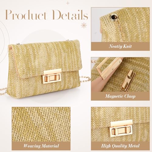 Image of Dansydaisy 5 Pack Striped Straw Clutch Purse Crossbody Vacation Handbag Woven Rattan Dangle Earrings for Women (Beige,Square Buckle)