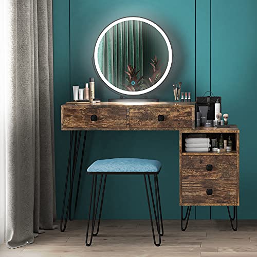 LVSOMT Makeup Vanity Desk Set with Round Mirror and Dimmable LED Lights, Dressing Table w Storage Cabinet, Drawers, Cushioned Stool, 3 Color Lighting Modes & Touch Screen, Bedroom Furniture (Brown)