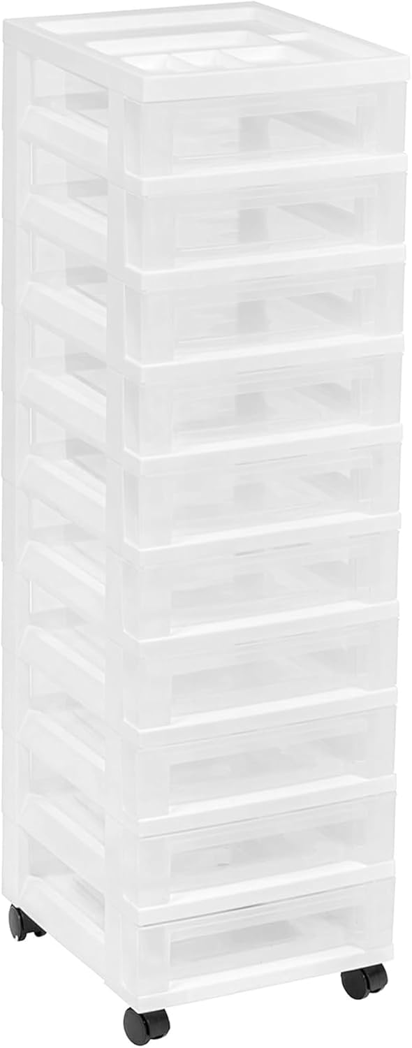 IRIS USA 2 Pack 10-Drawer Plastic Storage Rolling Organizer Cart with Caster Wheels for Laundry Room, Bathroom, or Closet Dresser Storage, White/Clear