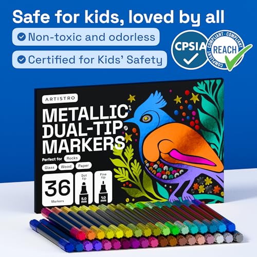 Image of ARTISTRO 36 Metallic Acrylic Paint Markers for Rock, Fabric, Wood, Glass, Eggs - Dual-Tip Paint Pens for Coloring Books for Adults, Teens - Art & Craft Supplies - Gift Idea - Easter Basket Stuffers