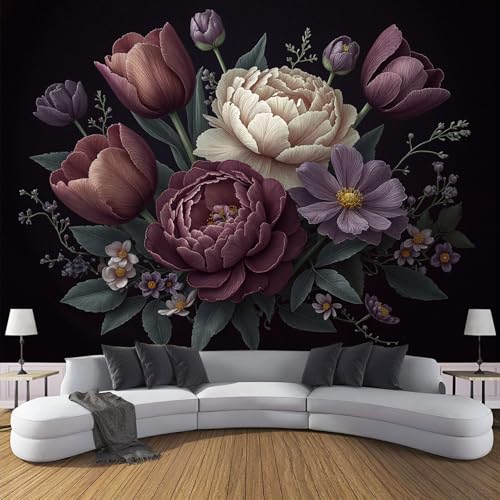 Papel Pintado Pared Panorámico Ramo De Tulipanes Y Peonías De Seda, Papel Pintado Fotográfico Con Floral Vintage, 150x105cm Mural Panorámico Para Salón O Dormitorio Decor De Paredes, Púrpura