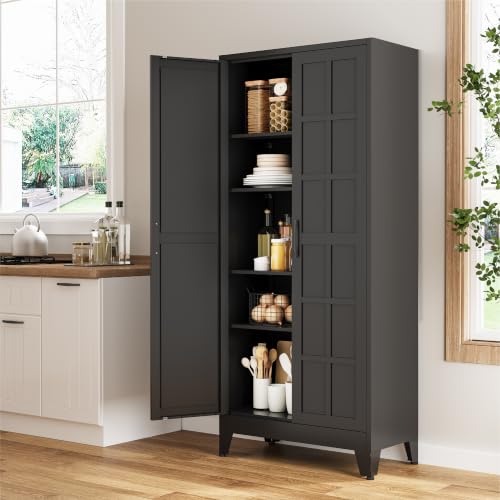 Image of COFaR 71 inch Black Metal Storage Cabinet with Doors for Office and Garage | 5-tier kitchen pantry cabinet with square-panel doors and 4 adjustable shelves for laundry room, office or garage storage.