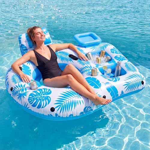 Hungdao Pool Lounger Float with Cooler Backrest Cup Holders Blue Palm Leaf by Hungdao - Used condition - Image 7