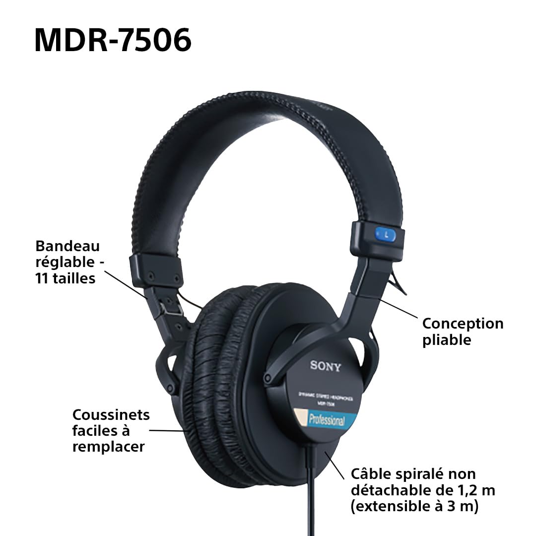 Sony MDR-7506, casque d'écoute studio fermé - filaire, gamme de fréquences 10Hz à 20kHz, idéal pour l'enregistrement et le mixage en studio, 63 Ohm, design léger et pliable (227g), noir