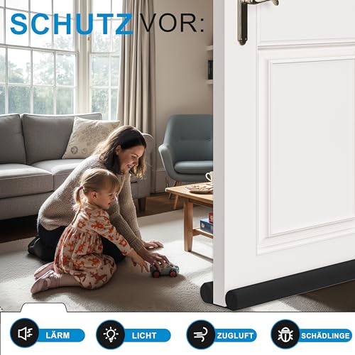 HIZH Lärmschutz & Zugluftstopper für Türen | Doppelseitige Türdichtung mit dickem Schaumstoff gegen Kälte, Staub & Lärm | Senkt Heizkosten | 96cm anpassbar, Schwarz