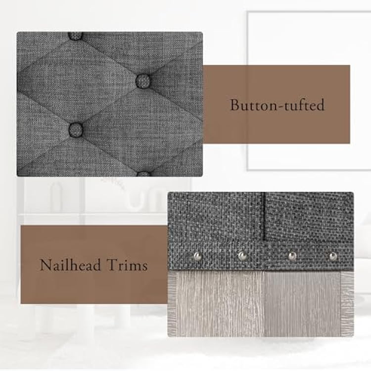 Ottoman Coffee Table, Large Rectangle Ottoman with Storage - Upholstered Cushioned Bench for Living Room, Tufted Linen Fabric with Solid Wood Shelf, Entryway Bench(Dark Gray)