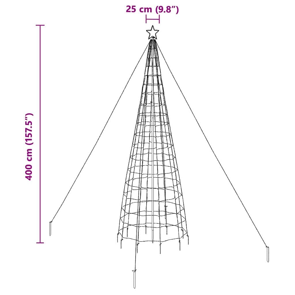 Árbol de Navidad LED con estacas de tierra azul, 400 cm, hierro artificial, plegable, con cadena de luces, para salón interior y exterior protegido, decoración festiva de invierno
