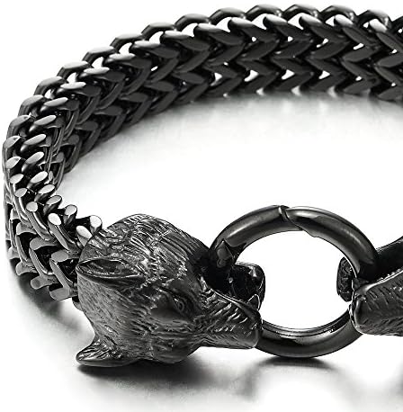 Mens Steel Gold Colro Wolf Head Franco Link Curb Chain Bracelet with Spring Ring Clasp 8.7 Inch