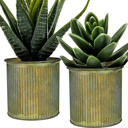 Cys Excel 6Pcs (H-3" D-2.85") Green Corrugated Zinc Metal Planter Pots | Cylinder Succulent Planters | Rustic Antique Candle Holder Containers #TOP3