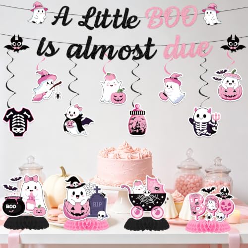 Image of Pink Halloween A Little Boo is Almost Due Baby Shower Decorations