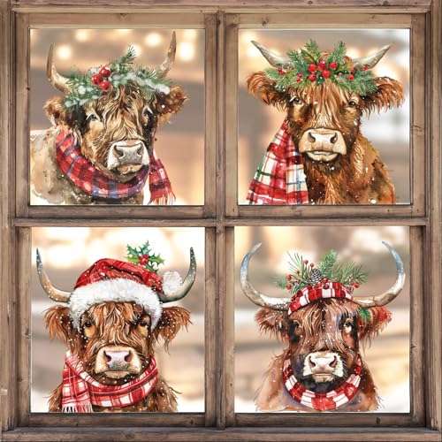 Whaline 4 Sheet Large Christmas Window Clings Xmas Watercolor Highland Cow Reusable Window Decals for Winter Holiday Home School Office Glass Decor