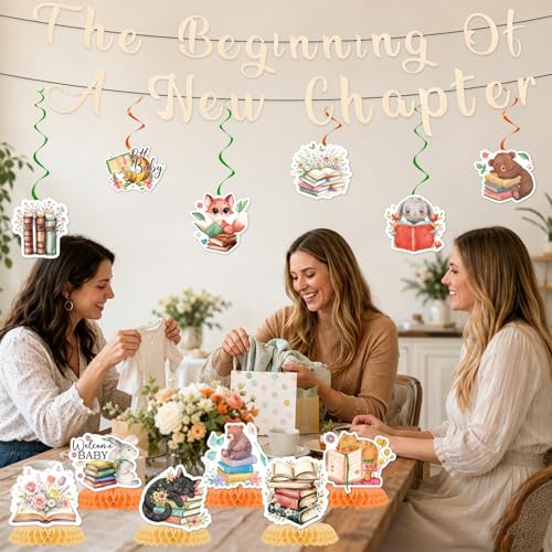 Image of a New Chapter Begins Baby Shower Decorations, 14PCS Storybook Book Themed Banners with Hanging Swirls Party Decorations, A New Chapter Begins Bridal Shower Honeycomb Centerpiece Decor