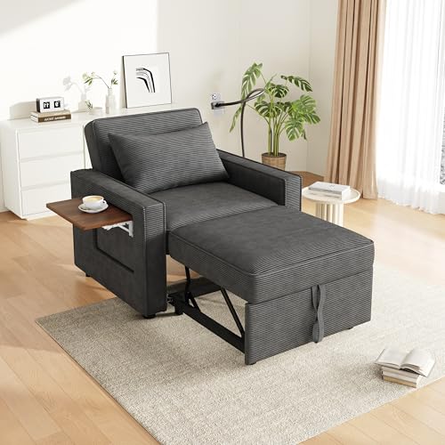 Hmdpoo Sofá Cama Plegable Multifuncional con Puerto y Soporte para Móvil, 1 Plaza, Tela de Pana Gris, 93x150x85cm