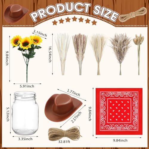 Image of Wonderjune 135 Pcs Western Cowboy Table Centerpieces Cowgirl Rodeo Party Decor with Mason Jar Bandannas Mini Hat Sunflowers Pampas for Cowboy Cowgirl Baby Shower Birthday Wedding Party Decor(Red)