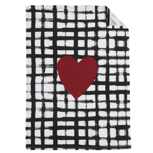 AUBRY GASPARD - Torchons Coeur Coton - Lot de 2 - Carreaux Noir Blanc Coeur Rouge - 70 x 50 cm - 100% Coton - Attache Crochet - Linge de Cuisine Élégant...