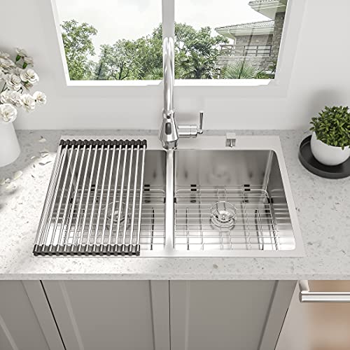 33 Inch Drop-In Sink - Beslend 33”X22”X10” Topmount Stainless Steel 16 Gauge Kitchen Sink 10 Inch Deep 50/50 Double Bowl Kitchen Sink Basin #TOP1