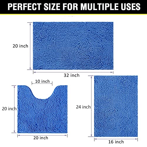 Image of Bathroom Rugs Chenille 3-Piece Extra Soft and Absorbent Shag Bathroom Rugs, Machine Wash Mat, Strong PVC Non-Slip Underside, Plush Carpet Mats (Snow Cyan)