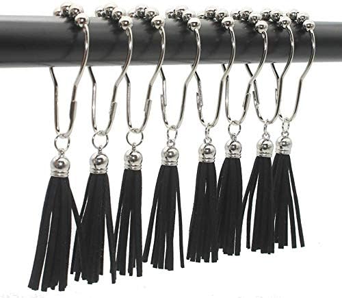 12 PCS 304 Stainless Steel Shower Curtain Rings with Tassel for Bathroom Shower Rods Curtains Home Decorations, Black