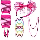 Women's 80s Fancy Dress Accessories Lace Headband Neon Earrings Fingerless Fishnet Gloves Necklace...