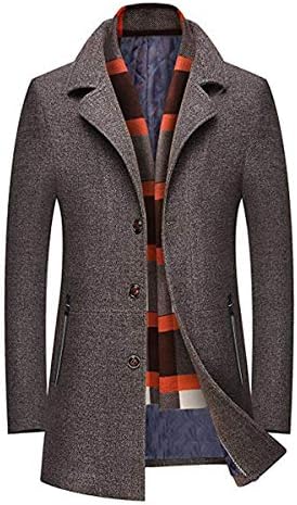 INVACHIMen's Wool Blend Pea Coat Warm Winter Trench Coat with Detachable Soft Scarf Single Breasted Overcoat